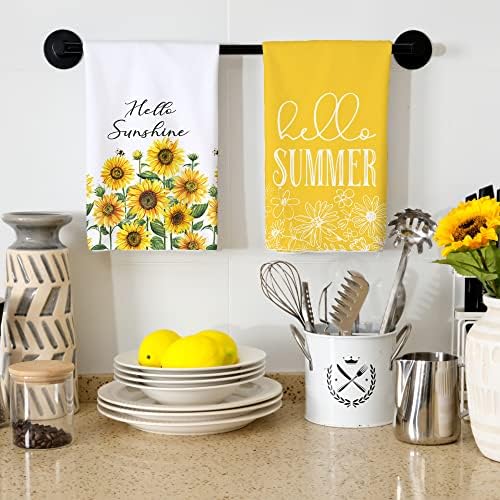 Toalhas de cozinha nerd para a decoração de verão Hello Summer Sunflowers Disis