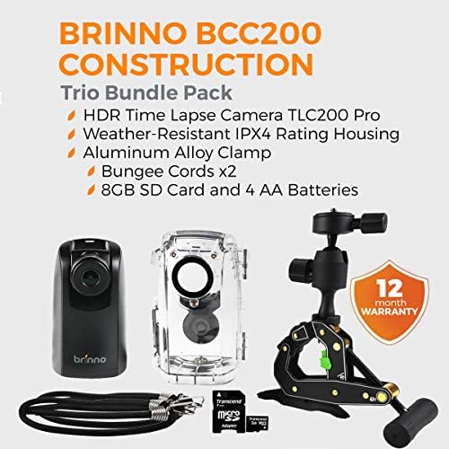 Brinno BCC200 Construção e trio de câmera de tempo de segurança ao ar livre inclui: câmera TLC200 Pro, grampo e estojo resistente à água, duração da bateria de 42 dias, 720p