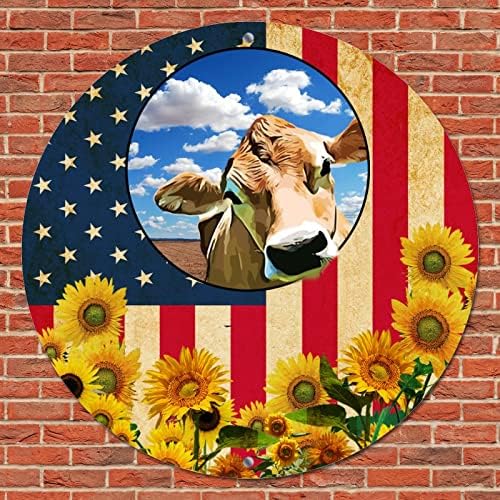 Sign de metal redondo, bandeira dos EUA, vaca engraçada na fazenda Blue Sky Barn Girassóis de