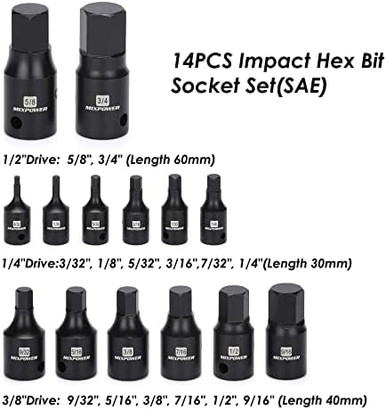 MixPower 14 peças Dr. Bit Socket Set, 3/32 a 3/4, 1/4 , 3/8 e 1/2 Drive, CR-MO Impact Grade, SAE,