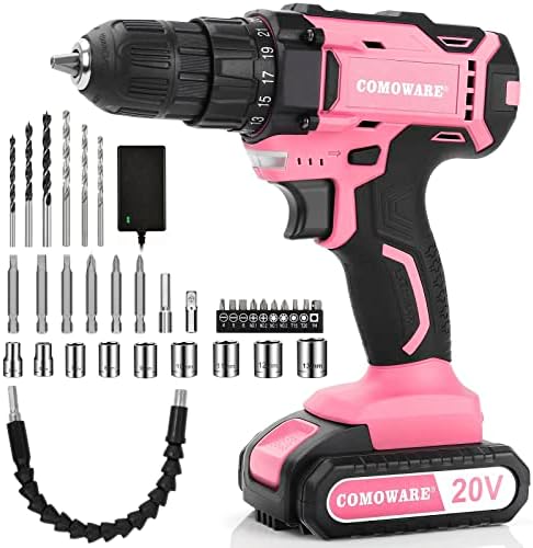 Encursão de potência rosa de comoware, broca de 20V rosa sem fio, perfuração rosa para mulheres, 1 bateria