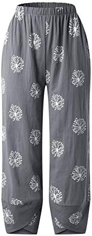 Calça de linho feminino elástico casual calça de verão de cintura relaxado