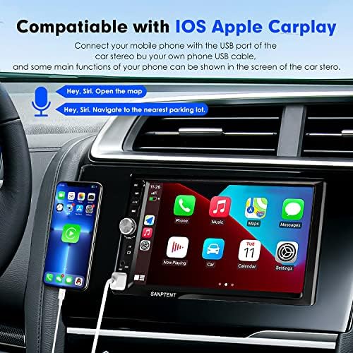 Double Din Car Stéreo Compatível com Apple CarPlay e Android Auto, tela sensível ao toque HD de 7 polegadas com