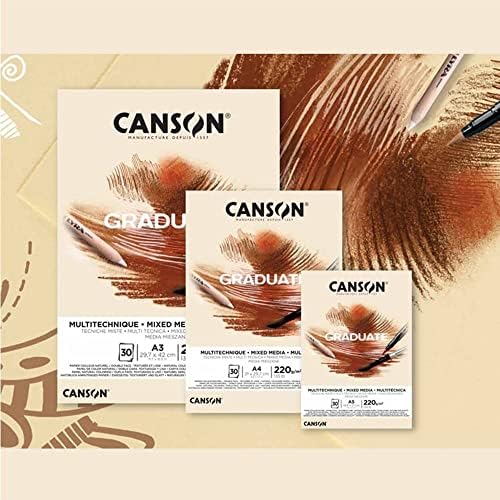 CANSON Graduado Mídia mista 200GSM A4 Papel, Double -sided: granulado e liso, bloco colado lateral, 30 folhas naturais,