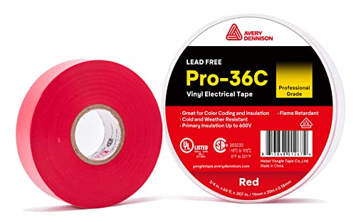 Avery Dennison Professional Grade Vinyl Electrical Fita, Pro-36c, ¾ em x 66 pés, vermelho, 10 rolos