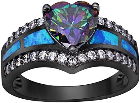 Kewelry Mystic Rainbow Topaz Blue Fire Opal Heart Ring Black Gold Weding Ward