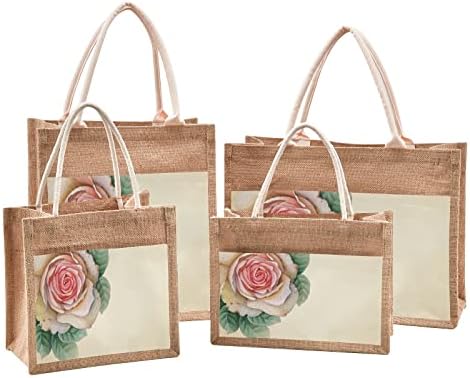 Cataku Draw Flower Jute Tote Sags com alças e zíper sacos de supermercado de compras reutilizáveis ​​com