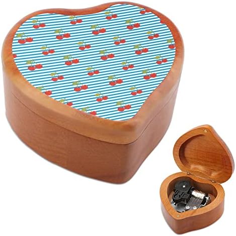 Padrão de cerejas com listras azuis Caixa de música de madeira Vintage Box Presente para o Dia dos