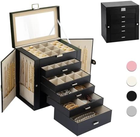 Organizador de caixas de jóias grandes espelhado para mulheres de 6 camadas de jóias orgânise caixas com couro PU, jóias pretas brancas altas organizar para presente