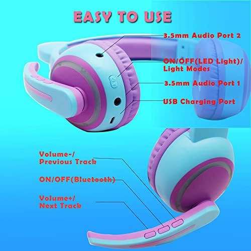 Fouetoway Unicorn Kids fones de ouvido com bluetooth & wired, fone de ouvido com o excesso de orelha LED LED