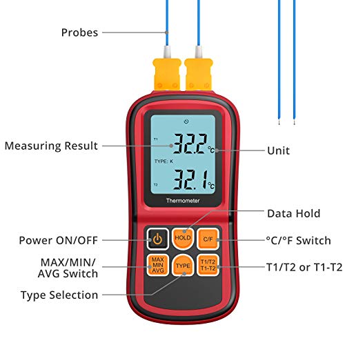 Termômetro digital, termômetro de canal dual kamtop com sonda de termopar de dois tipos K, termômetro LCD do sensor