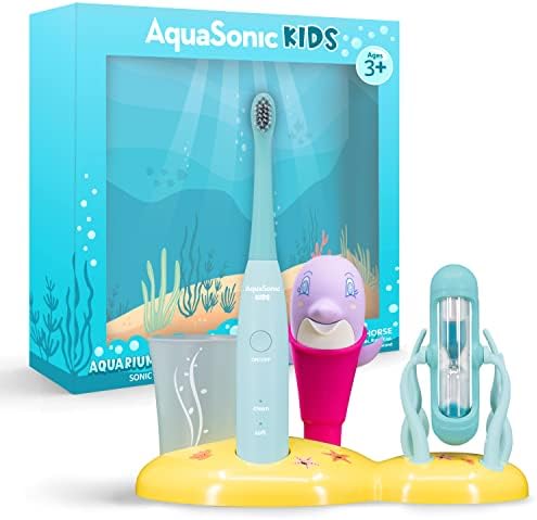 Aquasonic Kids Sonic Electric dentes escova para idades mais de 3 anos | 2 cabeças de pincel, brinquedo, cronômetro,