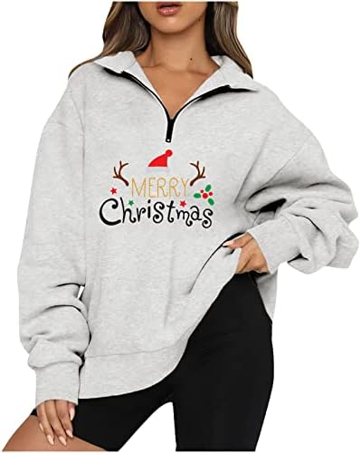 Christmas Womens Oversized Metle Zip Pullover de manga comprida Solemetes Torno Zip Sweater Girls Teen Girls