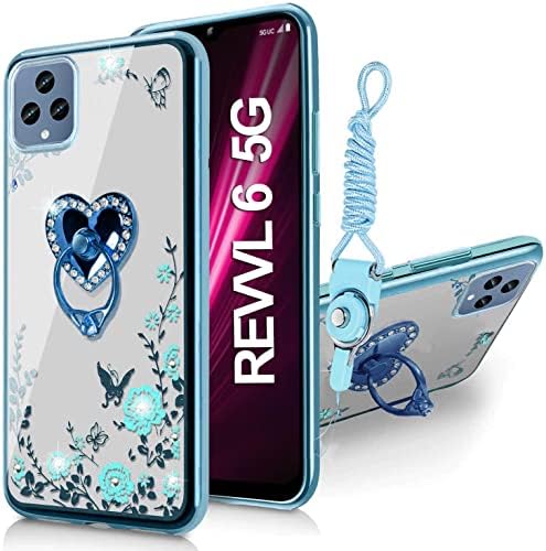 B-Wishy para Revvl 6 5g/T-Mobile T Phone 5g Glitter Crystal Butterfly Heart Floral Slim TPU Luxo