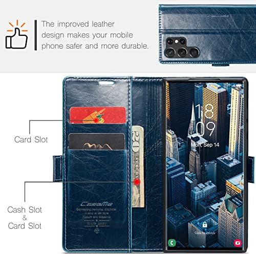 Nincyee Flip Case para Samsung Galaxy S23 Ultra, Crazy Horse PU PU Couro Handmade Dobra Retro Carteira Tampa Magnética Blue Blue