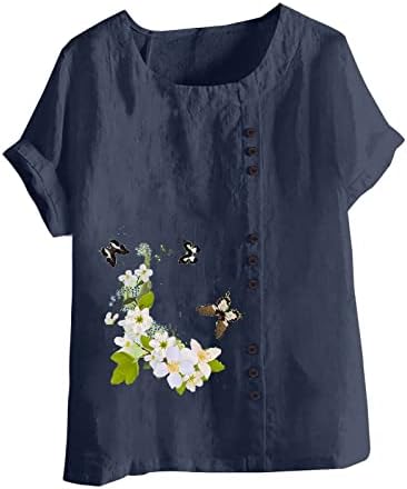 Camisetas de manga curta de verão tamis de linho de algodão feminino Camisa Crew Crew pescoço top floral