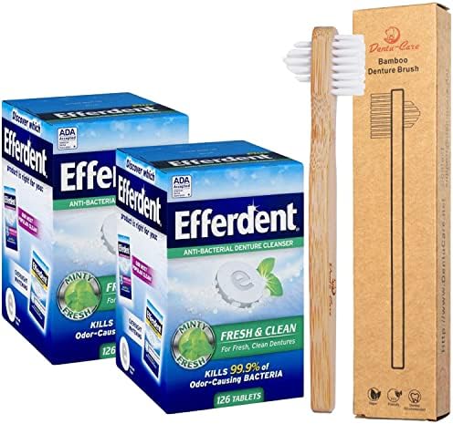 Limpador de dentadura fresco e limpo efervescente, 252 comprimidos com pacote com pincel de próteses dentadas