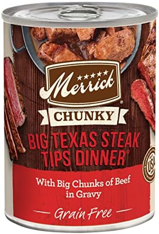 Merrick grãos grossos com comida de cachorro molhado, dicas de bife do Texas, comida enlatada com comida