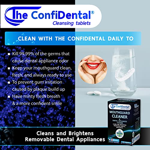 Os comprimidos confidenciais de limpeza - limpador de protetores bucais e limpadores de eletrodomésticos. Alianças dentárias limpas e iluminadas, removíveis