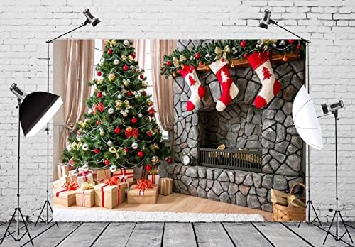 Beleco 10x8ft Tecido de Natal Decoração interna Decoração fotográfica Penas da lareira de lareira Fundo de presentes de árvore de natal para festas de férias de ano novo