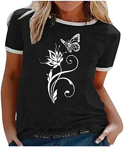 Camisetas de manga curta feminina T Butterfly Floral Graphic Tees Summer Crewneck Bloups Fashion Loose Fit Tee