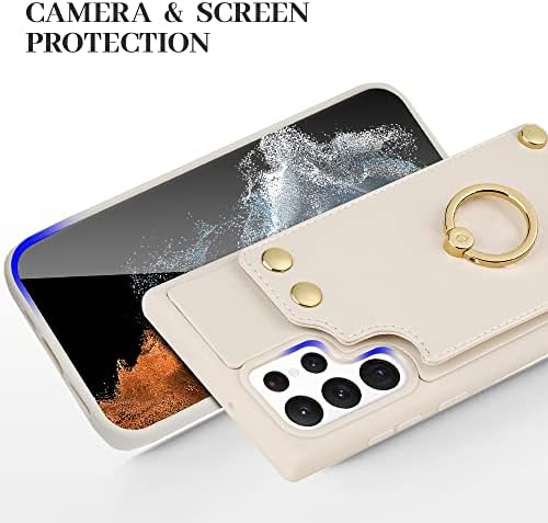 Lameku Caso para Samsung Galaxy S22 Ultra, estojo de couro com carteira com suporte para cartão de crédito, kickstand de anel de rotação de 360 ​​°, capa de telefone protetora de bloqueio RFID, projetado para Galaxy S22 Ultra 5G 6.8 '' Beige