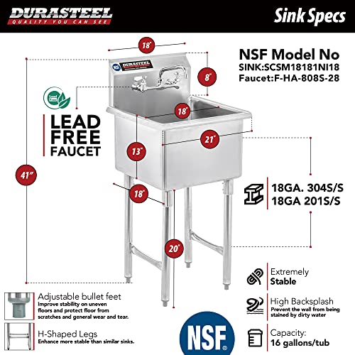 Pia de preparação e utilidade de aço inoxidável - DURASTEEL 1 Commercial Kitchen Push - NSF Certified