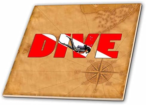3drose Cool Woman Scuba Diver Graphic com bandeira de mergulho sobre mapa de vela vintage. - Azulejos