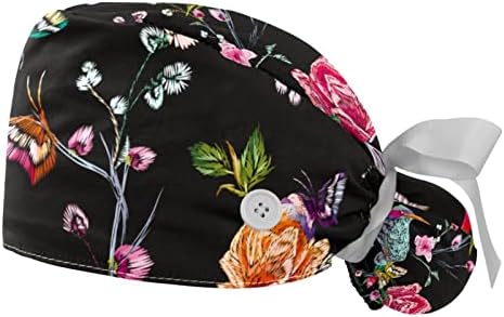 2pcs Capinha de trabalho com fita de botão Back Bordado de bordado vintage Boretim de borboleta Floral Raytail Chapéus para mulheres