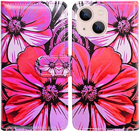 BCOV iPhone 14 Case, Flors de couro rosa quente Caixa de couro capa Tampa da carteira com suporte de