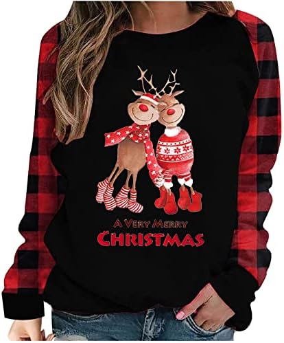 Feliz Natal, camisetas xadrez para mulheres foficas de elk de manga longa raglan tees tops camisetas