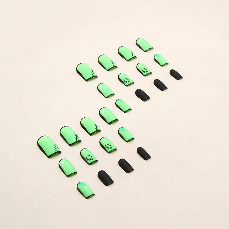 Vedar Neon Green Press em unhas, pregos pretos de contorno popt, pregos quadrados curtos em unhas com desenhos,