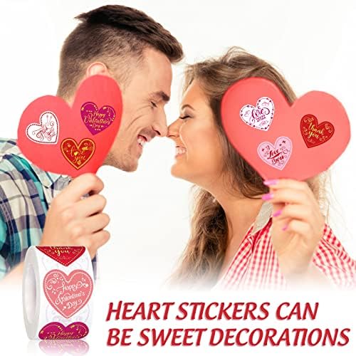 500 peças Happy Valentine's Day Stickers Starters em forma de coração Obrigado Rótulos de 1,5 polegada colorida Candy Heart Love Stickers para decorações de aniversários de festas de aniversário de casamento, 8 designs