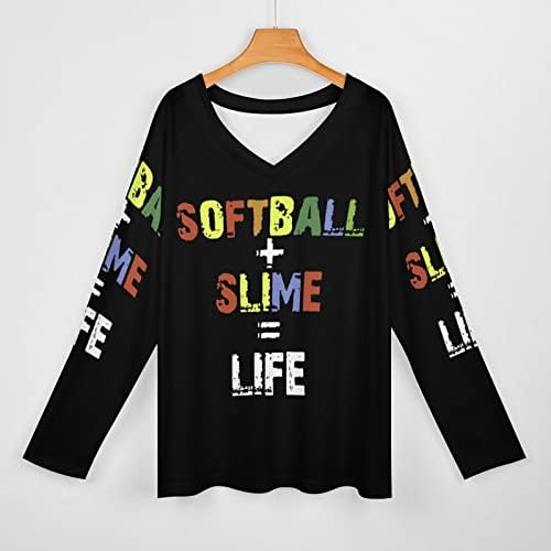 Softball Slime Life Life Feminino de manga longa V camisetas gráficas impressões gráficas Pullover casual