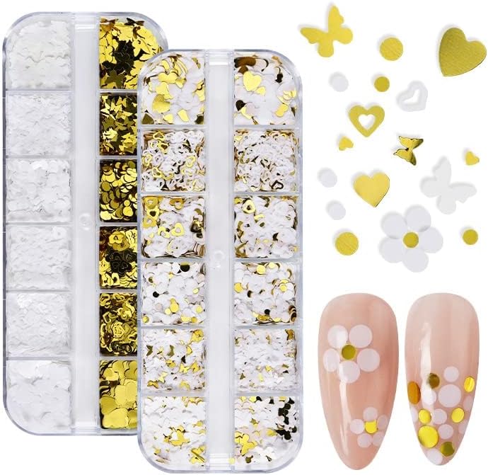 12Grids White Gold Butterfly Glitter Glitter Decorações adoram suprimentos de arte de unhas circulares