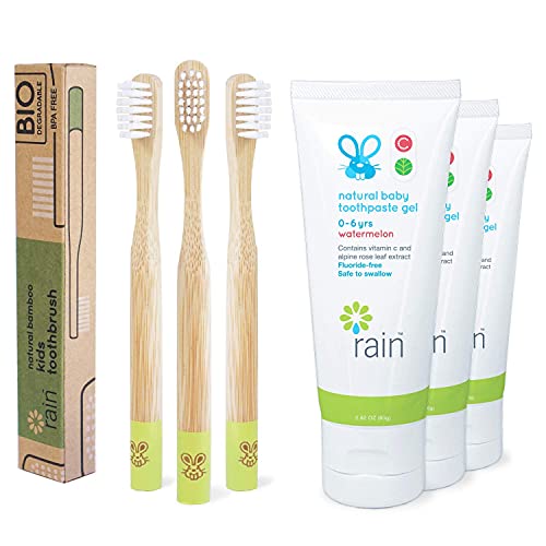 Rain Natural Bamboo Kids de dentes de dentes, sem fluoreto, pasta de dente de bebês segura para engolir com vitamina C por 6 a 12 meses acima da infantil infantil escova de dentes biodegradável