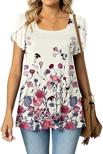 Tops de verão feminino de moda 2023 Tops casuais de colarinho stand-up impressão de petal shirts de manga curta #