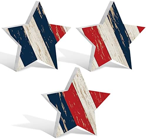 3 PCS Independence Day Wooden Star Blocks 4 de julho Decoração de bandeja em camadas de camadas STAR PATRIOTO