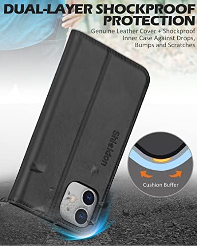 Caixa de Shieldon para iPhone 12 mini 5G Genuine Cheather Cartlet Flip Tampa magnética RFID Bloqueio de cartão de crédito Kickstand TPU Caixa à prova de choque compatível com iPhone 12 mini 5G - Black
