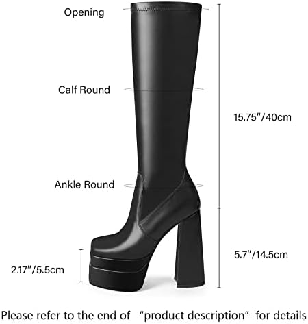 Botas altas para mulheres de plataforma empilhada para mulheres, botas de couro de couro preto de calcanhar de salto alto.