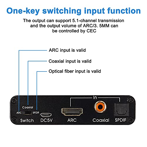 Xmsjsiy hdmi arco para extrator de áudio RCA conversor DAC HDMI Arc Spdif coaxial para 3,5 mm de áudio