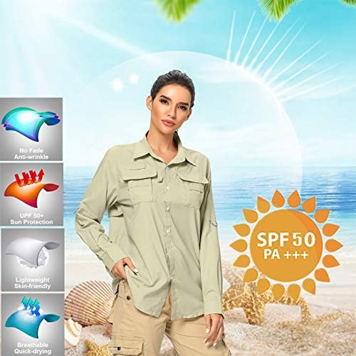Camisa de Safari de proteção solar UV de 50+ UV feminina, manga longa, camisetas de jardinagem de