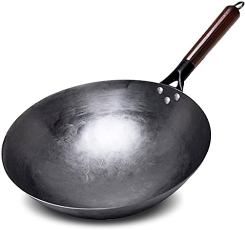 Wok de ferro doméstico czdyuf, forjando manuseio de madeira de madeira alça de madeira ferro antiaderente wok panela panela a gás