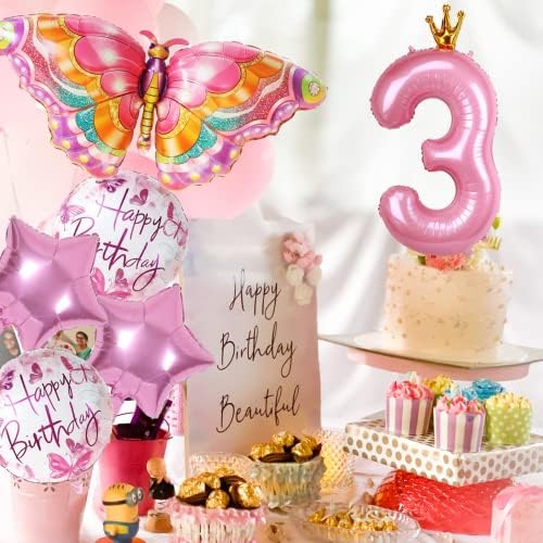 3º feliz aniversário decorações de borboleta - pacote de 6 grandes balões de papel alumínio - balões de borboleta número 3 balões redondos para suprimentos de festa de fada